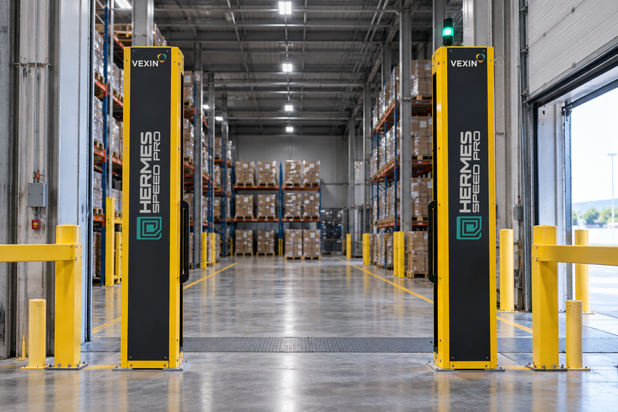 Portal RFID Hermes Speed Pro instalado en un almacén, vista frontal