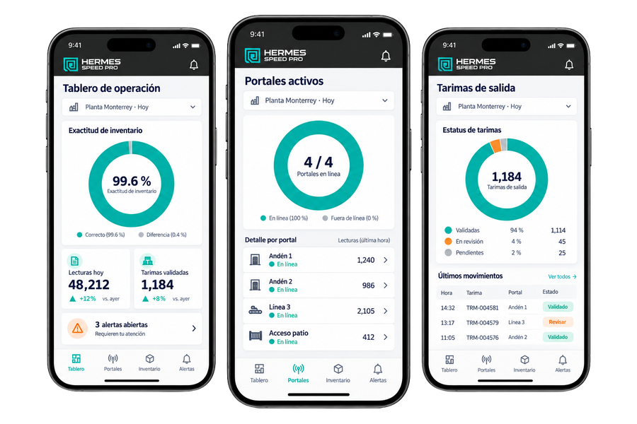 App de Hermes Speed Pro en móvil: tablero, portales activos y salidas