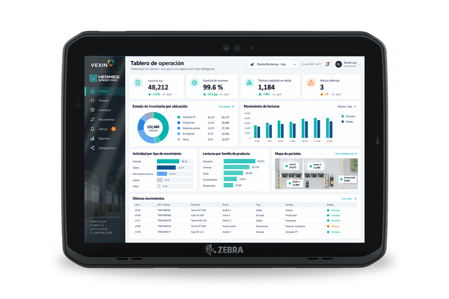 App de Hermes Speed Pro en tablet industrial con el tablero RFID