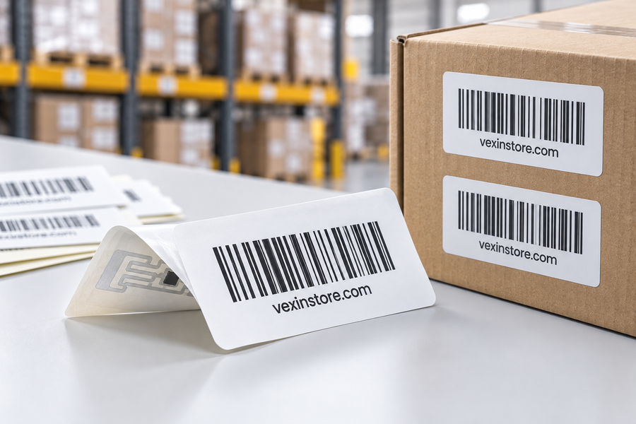 Etiqueta RFID con antena y microchip aplicada sobre una caja