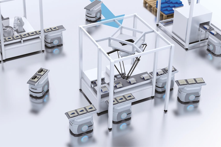 Robots móviles autónomos Omron operando entre estaciones de una planta