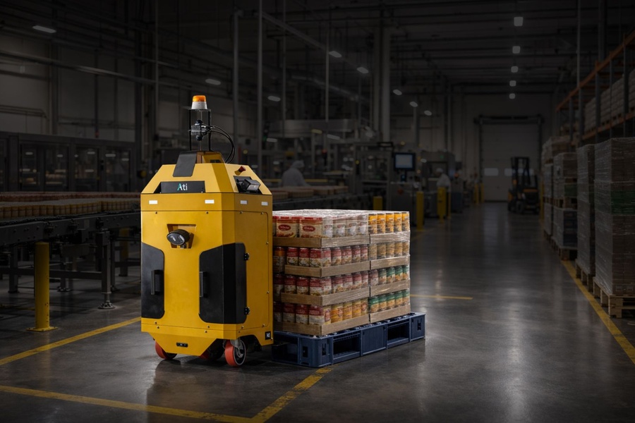 Robot Sherpa con tarima de producto en planta de alimentos y bebidas