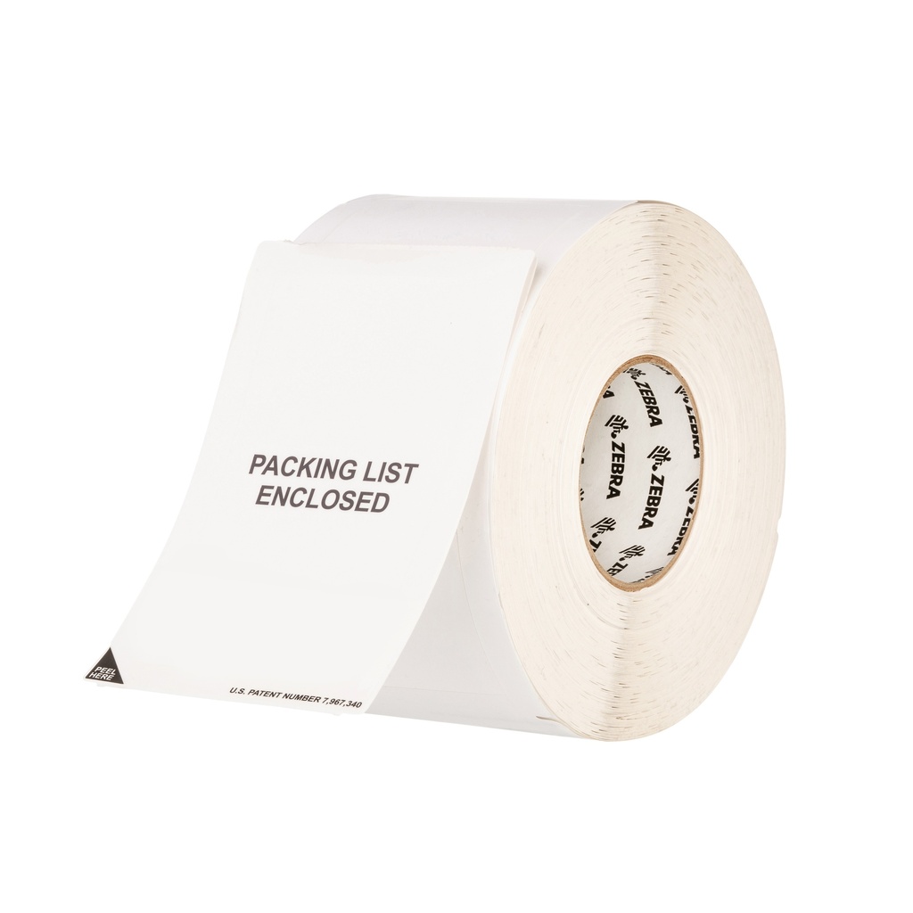 10006703- ZEBRA - Etiqueta 4.375"x6.875", T. Directa. Papel/Polipro Blanco, Z-Slip, para Impresora Industrial, 580/Rollo, con adhesivo Permanente, Perf. entre etiq., 1 al paso. Núcleo 3".  Diámetro 8". 4 Rollos/caja. Peso por caja 14.51 kg. 