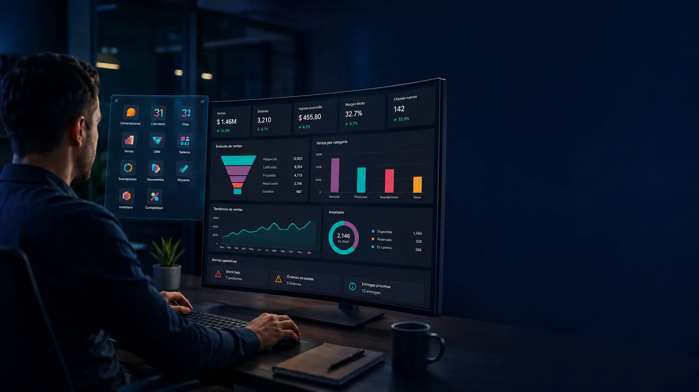 Dashboard de Odoo con indicadores comerciales y operativos