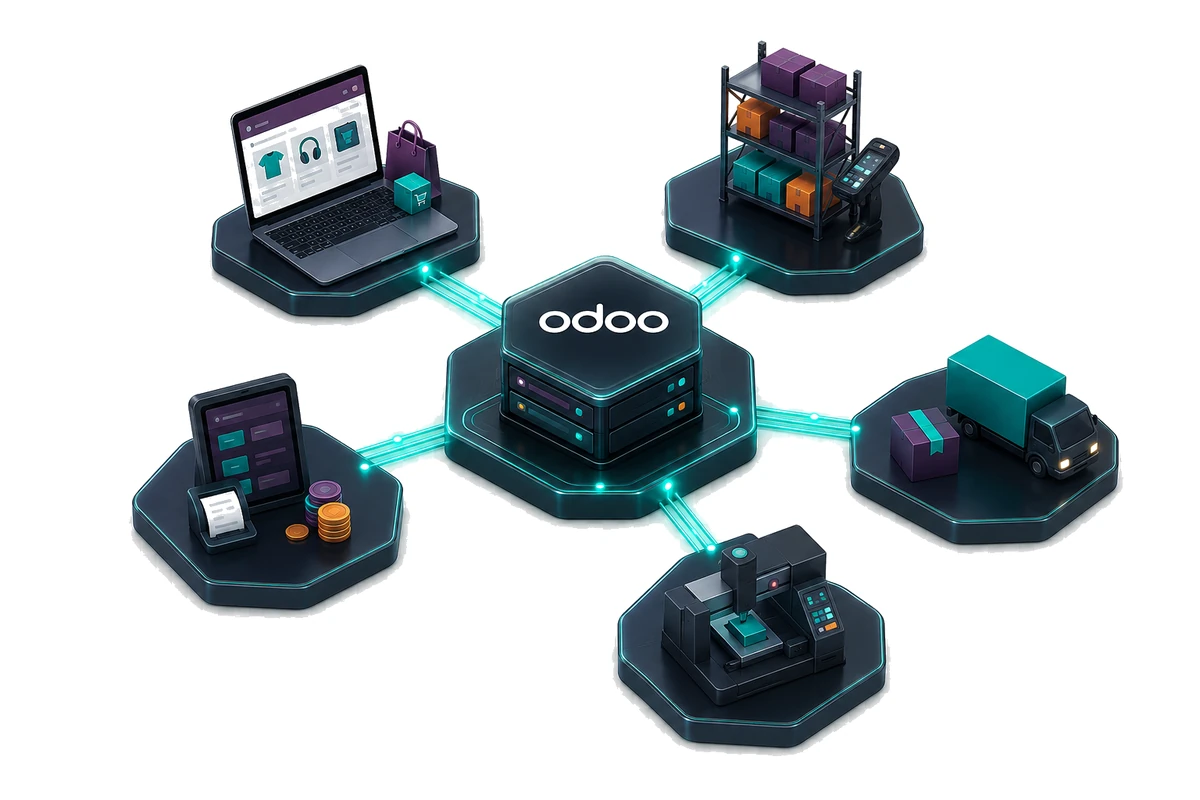 Odoo conectado con ecommerce, almacén, logística, finanzas y hardware