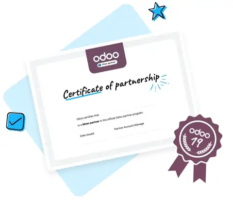 Ilustración del certificado del programa oficial de partners de Odoo