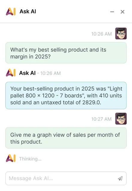 Asistente de IA en Odoo respondiendo cuál fue el producto más vendido y su margen