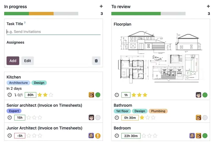 Tablero de proyectos de Odoo con tareas en progreso y por revisar