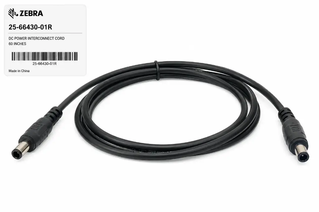 25-66430-01R - ZEBRA - Cable auxiliar DC power interconnect cord is used to connect two cradles, each with one to six slots, to run off a single power supply. The cable has a length of 60 inches. Pending End of Sale 01/05/2026