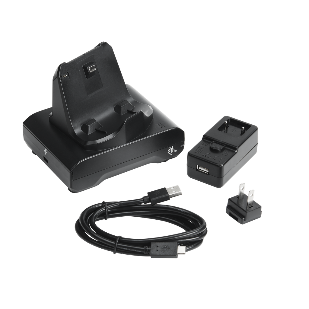 CRD-MPM-1SCHGUS1-01 - ZEBRA - Base de carga 1-slot printer docking cradle; ZQ300 Series; Includes type A to Type C USB Cable and AC to USB Adapter with US power plug