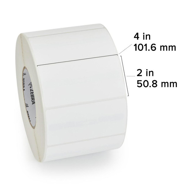 ZEBRA - Etiqueta RFID de Papel de Transferencia Térmica, Medida 4" x 2" (101.6 mm x 50.8 mm) Material Z-Perform 1500T Adhesivo Permanente Con Perforación, Color Blanco, Antena/Chip UCODE 9, Inlay ZBR2100, Diámetro interno 3", Diámetro Externo 5", 500 Etiquetas por Rollo. Para impresora ZD621R, ZD500R, RXi4, ZT400R, ZT600R
