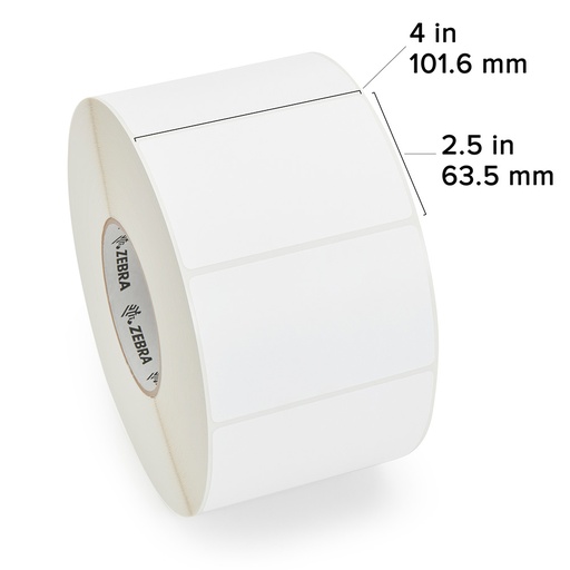 [65816] ZEBRA - Etiqueta de Poliester de Transferencia Térmica, Medida 4" x 2.5" (101.6 mm x 63.5 mm), Material Z-Ultimate 3000T, con AdhesivoPermanente. Color Blanco, Sin perforación entre etiquetas, 1 Etiqueta al paso. Diámetro Interno 3", Diámetro Externo 8". 2240 Etiquetas por rollo, 4 Rollos por caja, para impresora Industrial